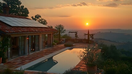 Fototapeta premium Twilight Beauty: Solar Innovation on the Rooftop