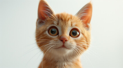 An orange kitten looking directly at the viewer with curious, wide eyes.
