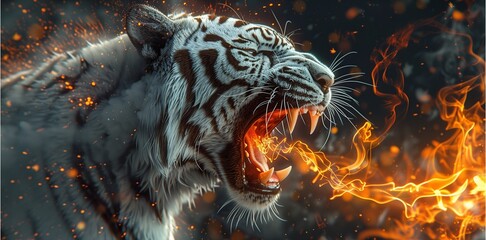 white tiger head roaring, flames coming out of mouth, side view, hyper realistic photography,Generative AI illustration.