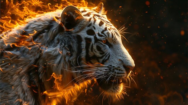 White tiger head with fire, roaring, realistic photo effect, black background, high resolution,Generative AI illustration.