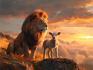 A lion and lamb standing together on the hillside, with sunset in background,Generative AI...