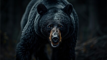 Fototapeta premium Front view of a roaring black bear walking towards the camera,Generative AI illustration.