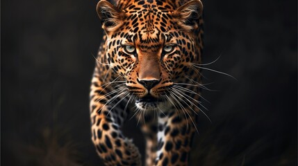 Front view of a roaring leopard walking towards the camera,Generative AI illustration.