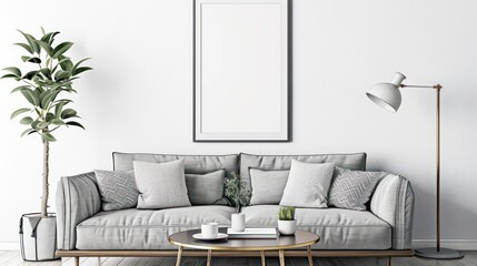 A mockup of an empty poster frame on the wall in a living room, with a sofa and coffee table nearby, on white walls and a carpeted floor, with a lamp stand, a light grey couch with beige cushion.