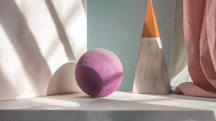 Purple sphere, geometric shapes on marble block. Abstract composition with balance and contrast. Minimalist design with geometric elements