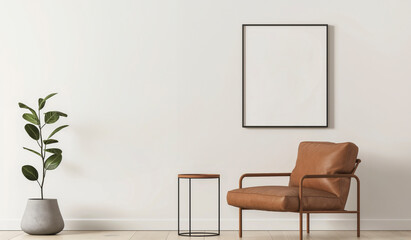 A brown leather chair is in front of a white wall with a black framed picture. A vase with flowers sits on a table in front of the chair. The room has a simple and minimalistic design