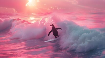 Surreal colourful image landscape of cute penguin surfer, animal character surfing on pink wave in the ocean, beautiful sunset sky at background. poetic nature concepts illustration.