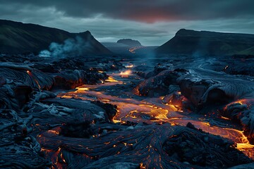 Geothermal plants amidst glowing lava rivers and basalt formations.