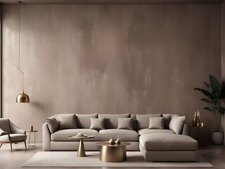  Luxury living room in warm colors. Brown beige walls, light gray lounge furniture -sofa, table. Empty background microcement for art. Rich interior design. Mockup room office reception. 3d render 