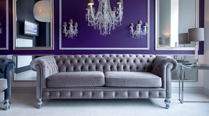 A glamorously designed living room with a deep, rich purple accent wall, a modern, tufted silver sofa, and mirrored surfaces reflecting the sophisticated space. 32k, full ultra hd, high resolution