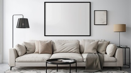 A mockup of an empty poster frame on the wall in a living room, with a sofa and coffee table nearby, on white walls and a carpeted floor, with a lamp stand, a light grey couch with beige cushion.