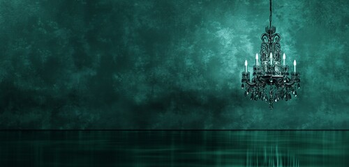 A glossy, emerald green wall background, reflecting the silhouette of an elegant, crystal chandelier.