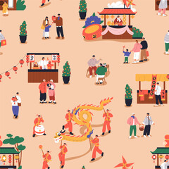Chinese New Year street market, festive pattern. Asian festival celebration in Chinatown, seamless holiday print, background for textile, fabric, wrapping. Endless repeating flat vector illustration