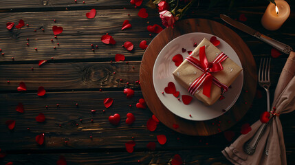 Beautiful table setting and gift for Valentines Day on