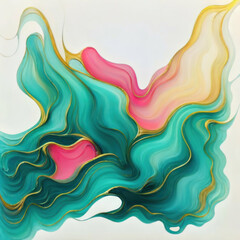 Fototapeta premium Abstract luxury fluid art painting in alcohol ink technique,mixture of teal blue pink black white gold paints.Imitation of marble stone cut,glowing glitter golden foil veins.Tender dreamy wavy design.