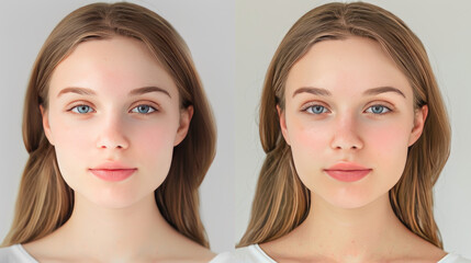 Obraz na płótnie Canvas Before-and-after photos of a young woman who had a lip augmentation procedure.