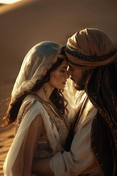 beautiful woman in Arab burqa costume , kissing the beautiful man , desert , photorealistic , cinematic light , aesthetics of an oriental fairy tale