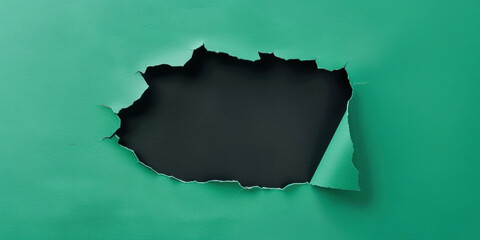 Green paper with black ripped hole in the middle, flat 2D illustration, background	