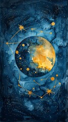 a captivating watercolor painting featuring the Gemini constellation surrounded by stars and space, enhanced with textured watercolor paper