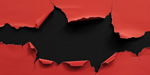 Red paper with black ripped hole in the middle, flat 2D illustration, background	