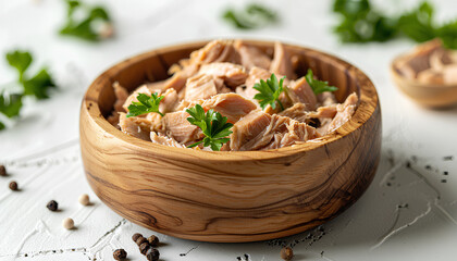 Wooden bowl with delicious canned tuna on white tiled table