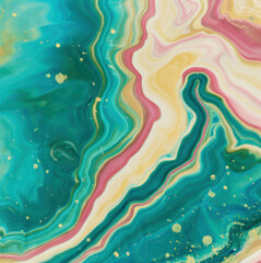 Fototapeta na wymiar Abstract luxury fluid art painting in alcohol ink technique,mixture of teal blue pink black white gold paints.Imitation of marble stone cut,glowing glitter golden foil veins.Tender dreamy wavy design.