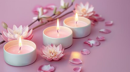 Obraz na płótnie Canvas Three candles with little lotus flowers on a pink background. copy space for text.