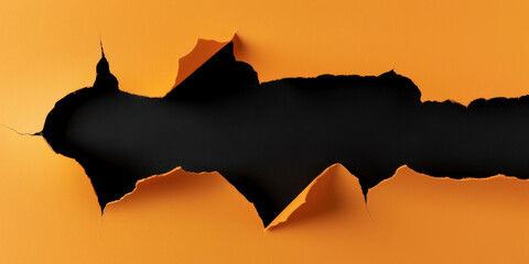 Orange paper with black ripped hole in the middle, flat 2D illustration, background	