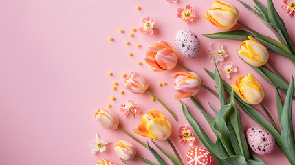 Beautiful tulip flowers and painted Easter eggs on pin