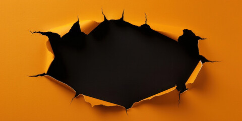 Orange paper with black ripped hole in the middle, flat 2D illustration, background	