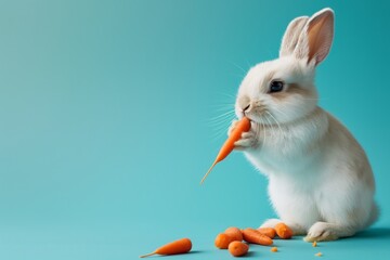 Rabbit standing eats carrots on pastel background.