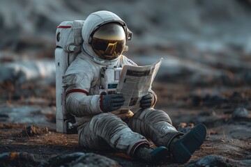 Astronaut sitting and reading a newspaper.