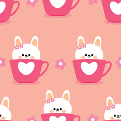 seamless pattern cartoon white rabbit inside a cup. cute animal wallpaper illustration for gift wrap paper