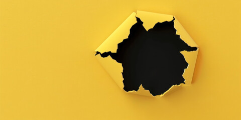 Yellow paper with black round ripped hole, flat 2D illustration, background
