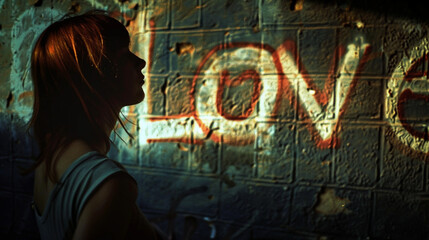 a woman stands in front of a brick wall with the word love on it.