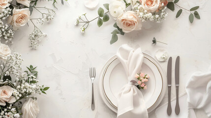 Beautiful wedding table setting with floral decor on l