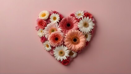 photo rose, gerbera and peony flower with heart shape on pink background