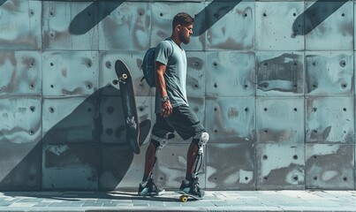 Man holding skateboard and walking with prosthetic leg in front of wall - Powered by Adobe