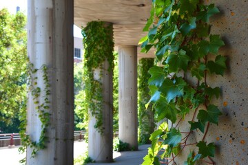 Obraz premium Envision a scene where vibrant ivy tendrils cling to the rough surface of concrete pillars, adding a touch of organic beauty, Generative AI 