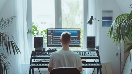 Bedroom producer is making music at home, at a desk with audio hardware and keyboard