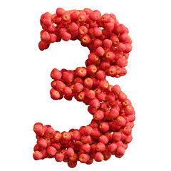 Alphabet made of red apples, number 3