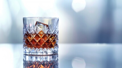 Glass of whiskey with ice, bright and clean background