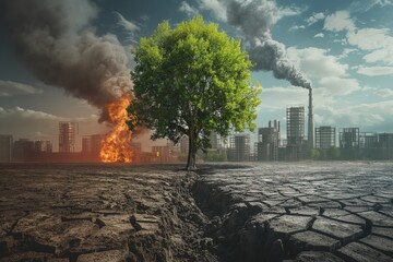 The land is barren and plants related to factories emit exhaust fumes. Global warming.