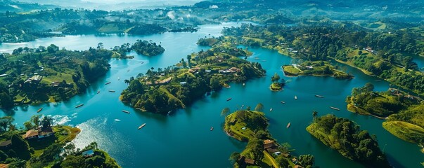 Fototapeta premium Aerial view of GuatapÃ©, a complex of bay and inlets in Antioquia, Colombia.