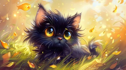 cute fluffy black kitten in fish tank cartoon