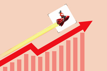 Art collage. Woman with a telescope looks to the success on top of the arrow. Bull market. Symbol...