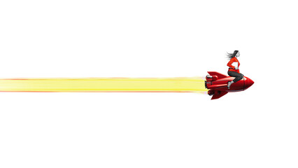 Woman launch of a red rocket isolated on clear PNG background, made of precious metal. Successful...