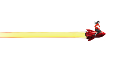Woman launch of a red rocket isolated on clear PNG background, made of precious metal. Successful start concept.