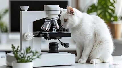 Cartoon cat researcher surrounded by laboratory instruments conducting experiments