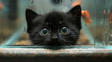 Cartoon rendering of a cute fluffy black kitten immersed in a fish tank its animated presence addi